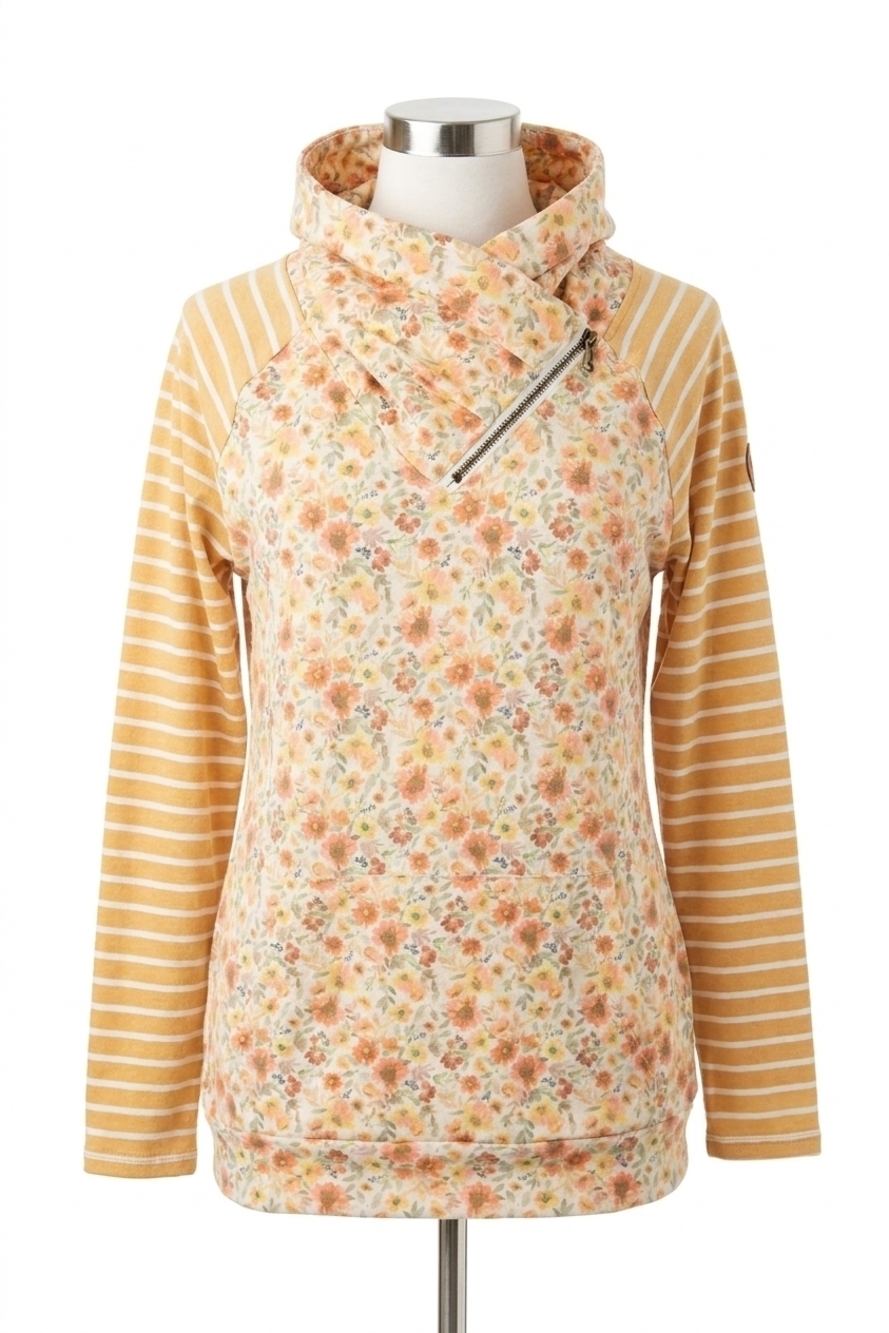 NEW MICHELLE MAE zoey zip cowlneck sweatshirt in mustard floral stripe